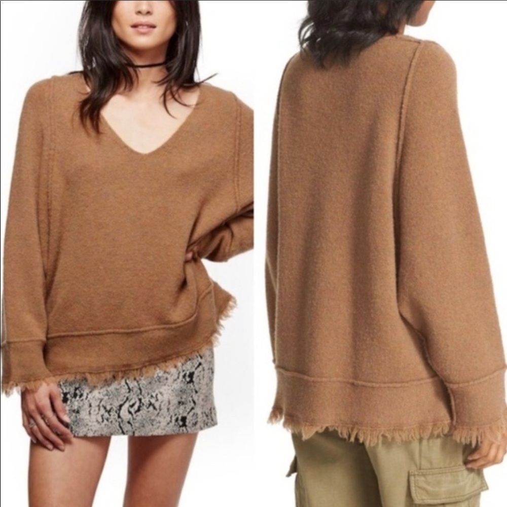 Free People Irresistible wool blend brown frayed deep V sweater